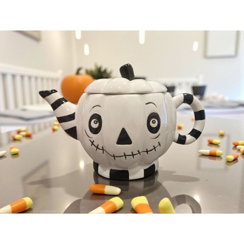 New Black / White Spooky Dead Pumpkin Halloween Party Ceramic Tea Pot Teapot